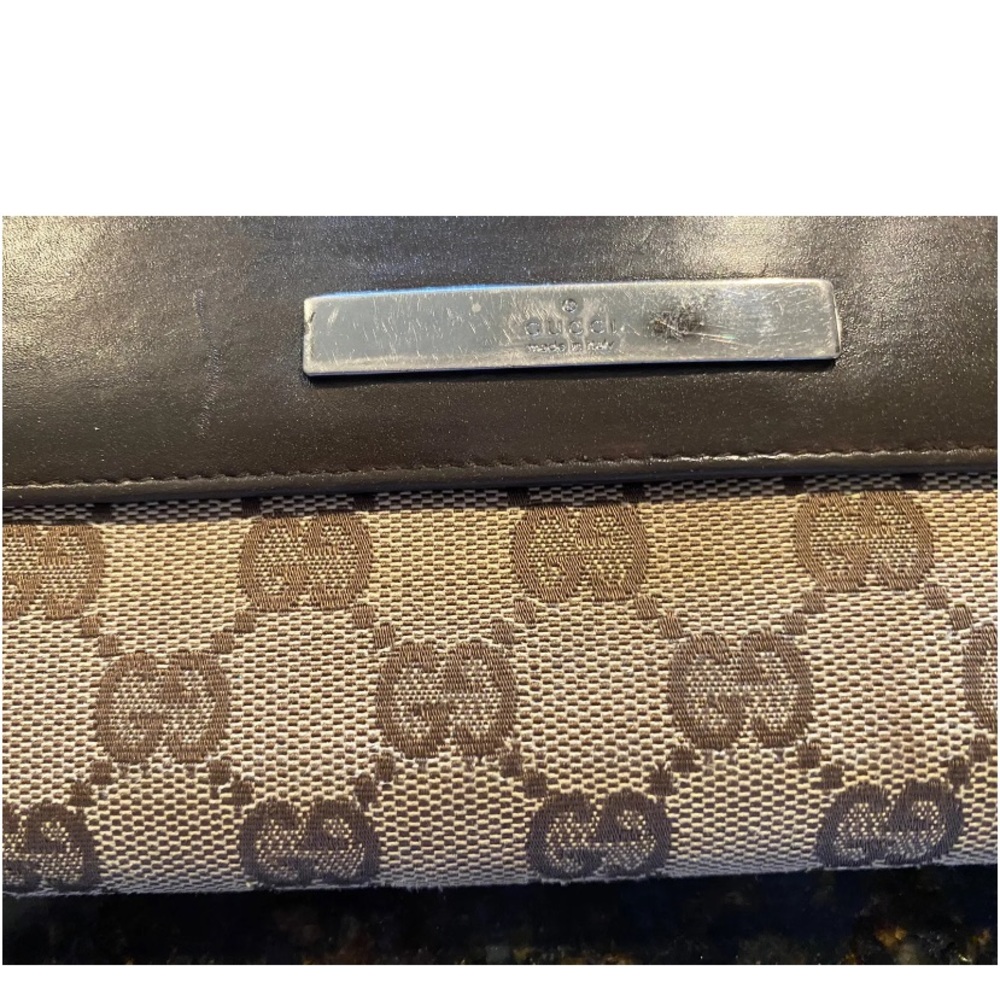 Gucci GG Monogram Womens Brown Canvas Leather Compact Long Bifold Card Wallet